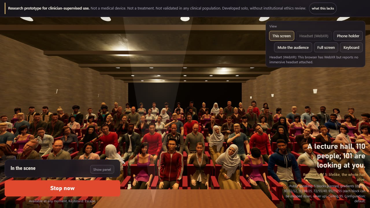 The demo seen from the speaker’s position: a lecture hall of about a hundred seated, lifelike virtual people, most looking toward the stage. A banner at the top reads Research prototype for clinician-supervised use, not a medical device, not a treatment. A red Stop now button is at the bottom left, and the scene line reads A lecture hall, 110 people, 101 are looking at you.